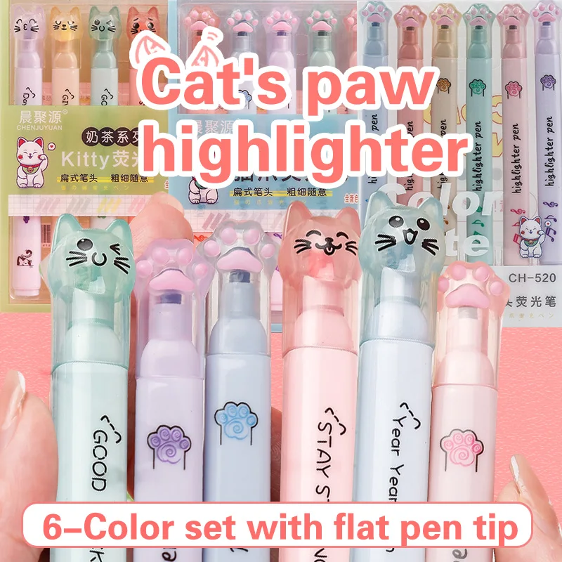 6 pcs pack Kawaii Cat Claw Pastel Color Highlighters Drawing Art Markers Fluorescent Pen Gift Stationery