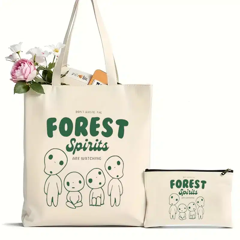 kf Sa7bbee13b88c433ebf193b0c1e2c425ba 2Pcs Kodama Forest Pattern Spirit Tote Bag Kawaii Birthday Gift Bag Vintage Anime Canvas Shoulder Bag